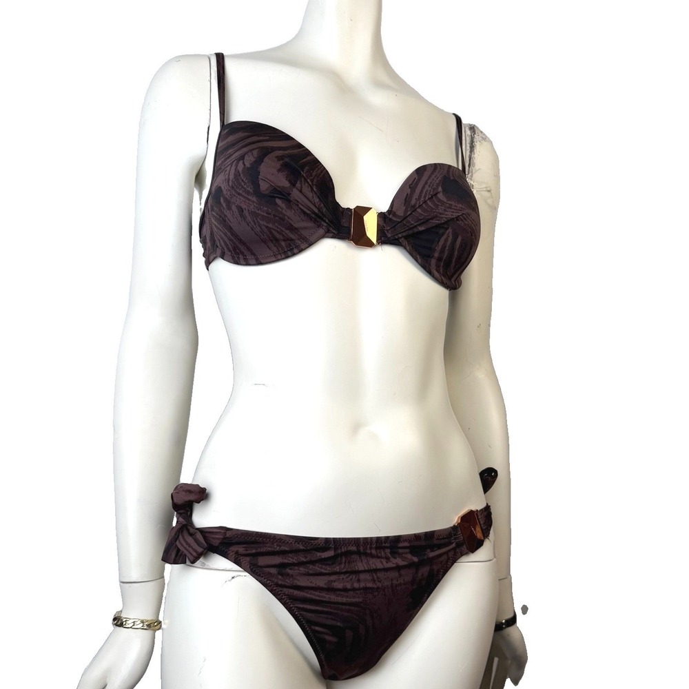 Calvin Klein Chocolate Brown Underwire Bikini Set M Rose Gold Hardware Y2K 36C M